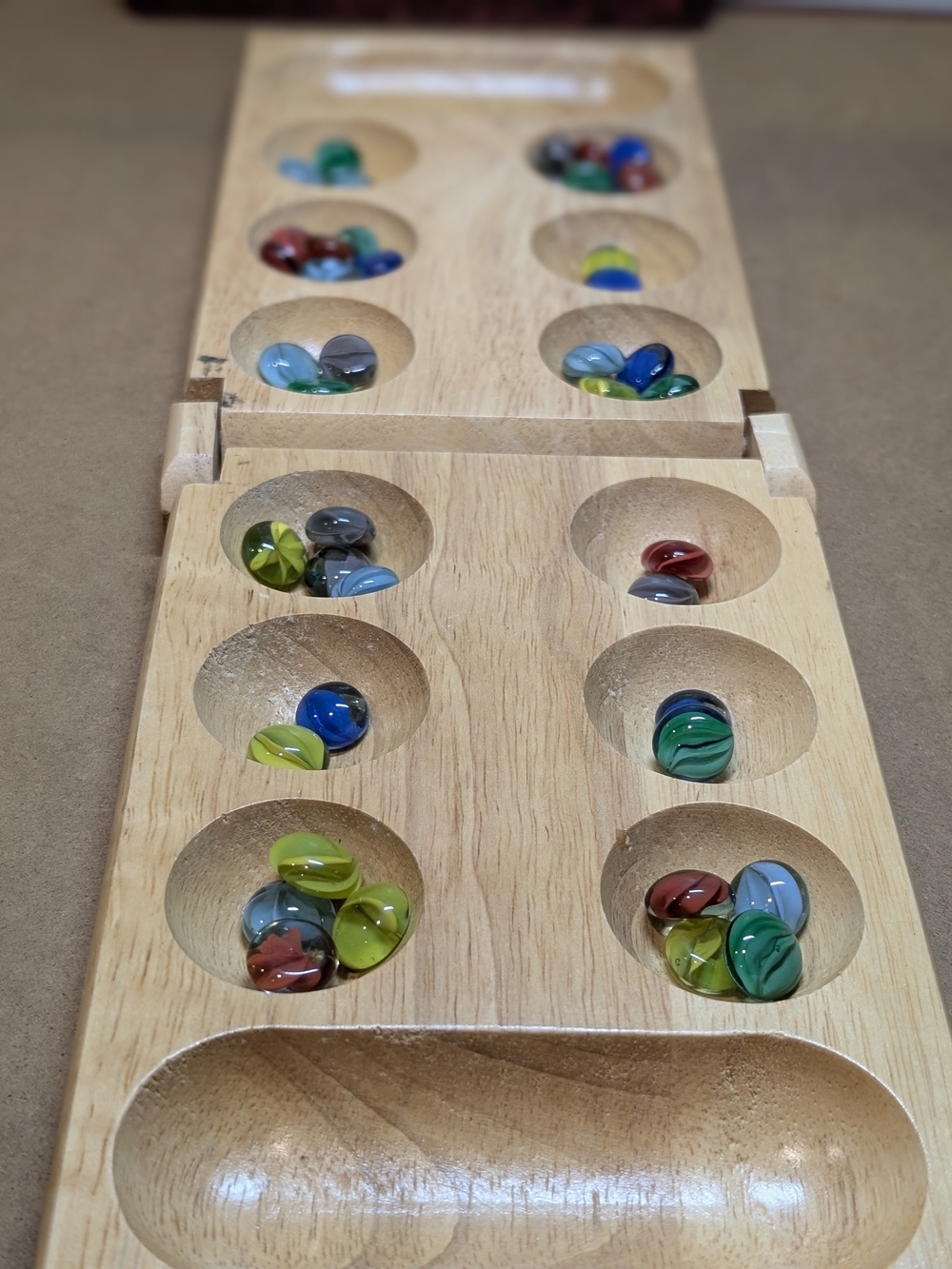 Wooden Mancala Game Set with Multicolored Glass Stones